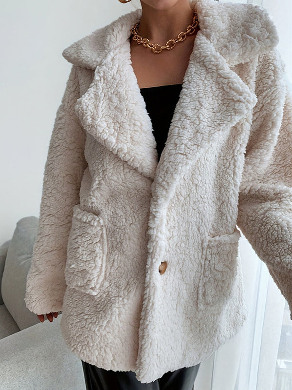 Buttoned Pockets Solid Color Velvet Long Sleeves Loose Notched Collar Outerwear