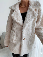 Buttoned Pockets Solid Color Velvet Long Sleeves Loose Notched Collar Outerwear