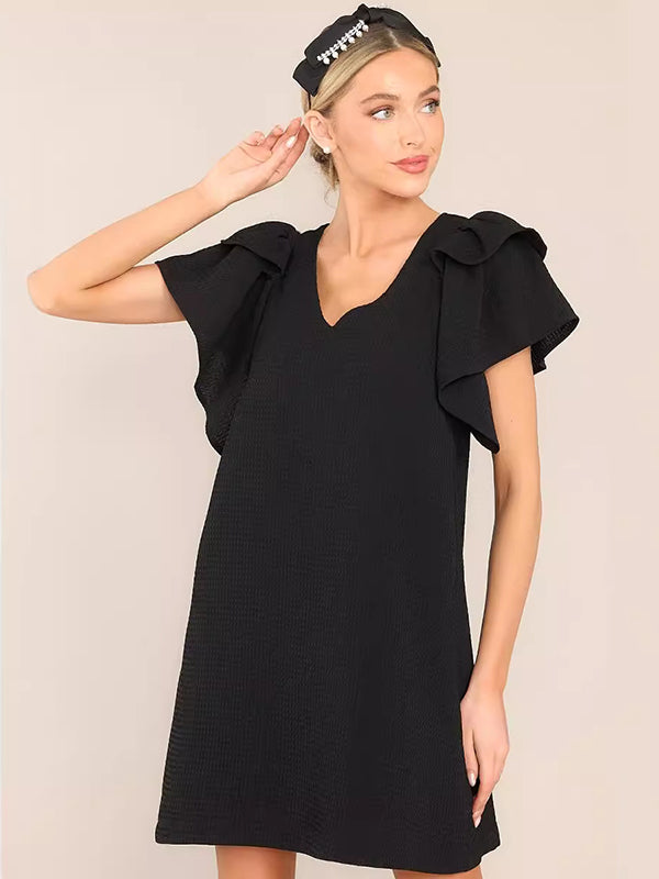 Comfort Solid Color Flared Sleeves Loose V-neck Mini Dresses