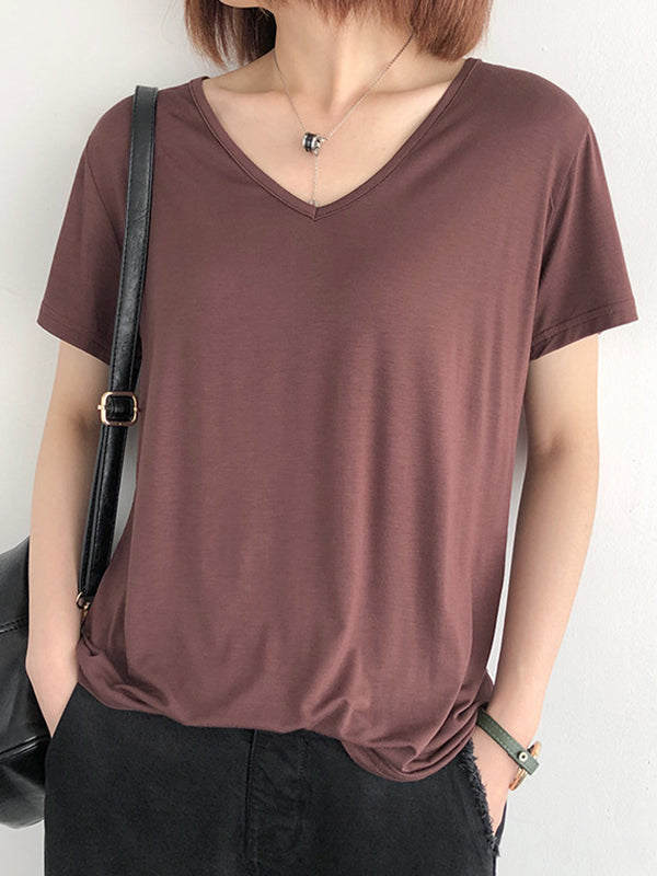 Simple Casual Solid Color V-Neck Short Sleeves T-Shirt Top