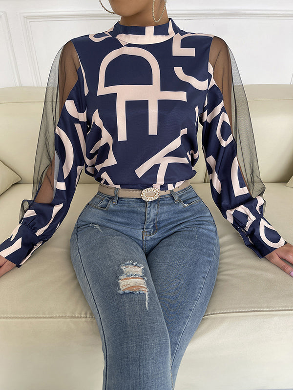 Buttoned Hollow Letter Print See-Through Split-Joint Long Sleeves Round-neck Shirts Tops Blouses&shirts Tops