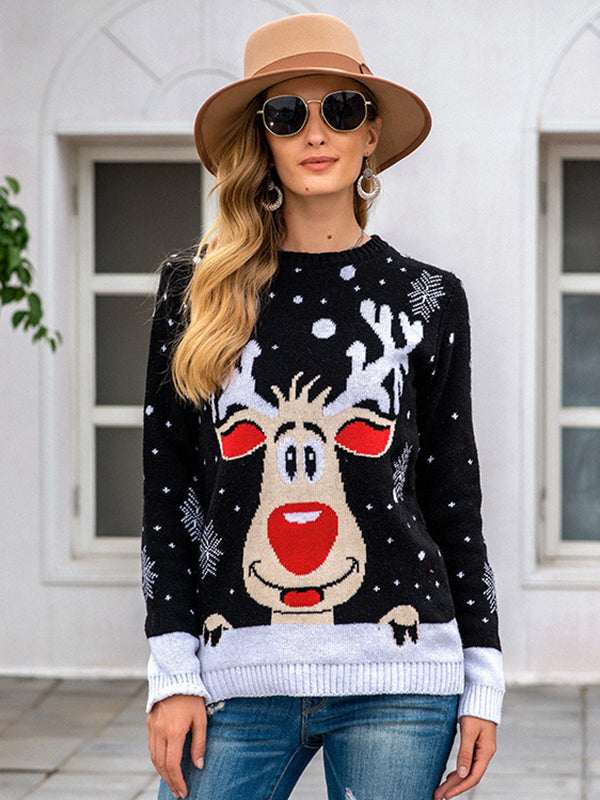 Casual Loose Long Sleeves Printed Round-Neck Sweater Tops