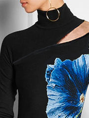 Flower Print Hollow Split-Joint Long Sleeves Skinny High Neck T-Shirts Tops