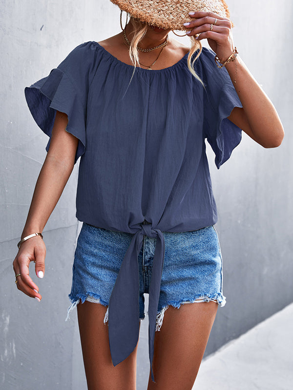 Elasticity Falbala Pleated Solid Color Tied Loose Short Sleeves Round-Neck T-Shirts Tops