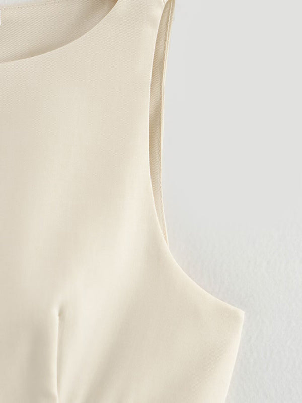 Pleated Solid Color Split-Joint Zipper A-Line Loose Round-Neck Mini Dresses