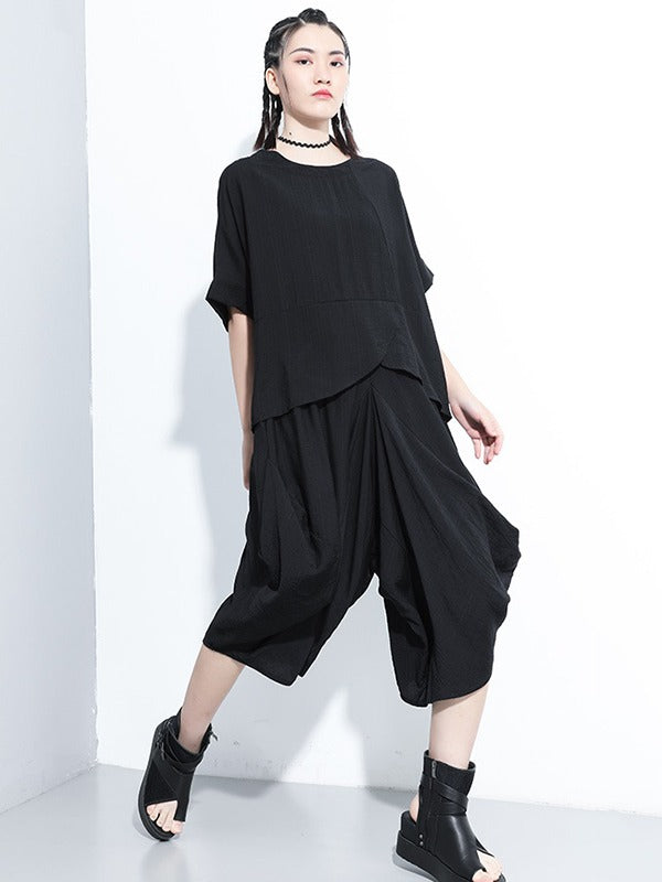 Loose Solid Color Round-Neck Short Sleeves  Tops+ Elasticity Pleated Cropped Pants Two Pieces Set