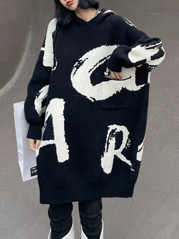 Knitted Letters Pockets Long Sleeves Loose Hooded Sweater Dresses Mini Dresses
