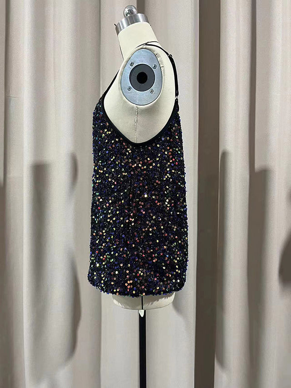 Sequined Loose Sleeveless Deep V-Neck Vest Top