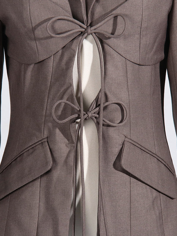 Pockets Solid Color Tied Long Sleeves Loose Notched Collar Outerwear Blazer