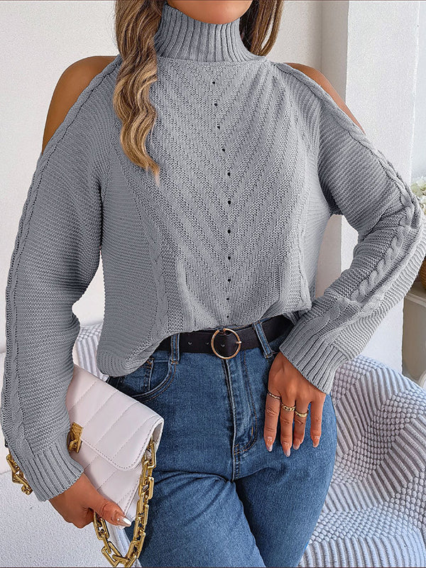 Solid Color Split-Joint Long Sleeves Loose Cold Shoulder Sweater Tops