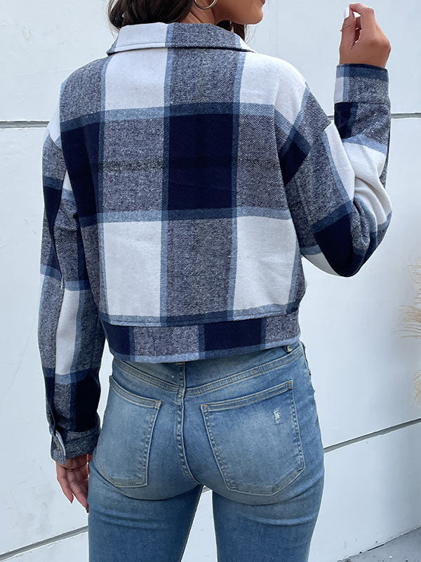 Buttoned Plaid Pockets Split-Joint Long Sleeves Loose Lapel Outerwear Jackets