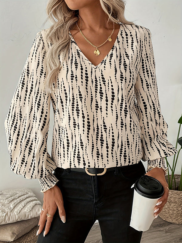 Printed Split-Joint Loose Puff Sleeves V-Neck Blouses&Shirts Tops