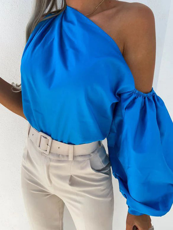 Asymmetric Elasticity Solid Color Long Sleeves Loose One-shoulder Blouses&shirts Tops