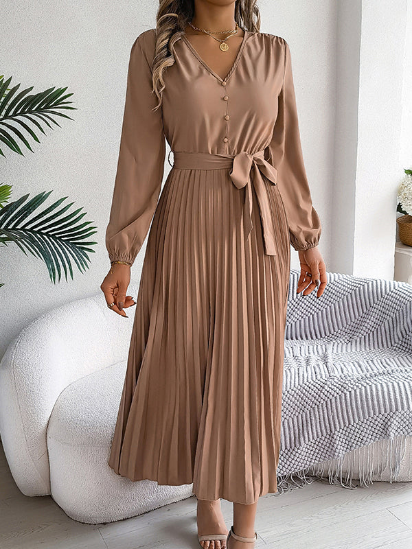 Belted Buttoned Pleated Solid Color High Waisted Long Sleeves V-Neck Maxi Dresses