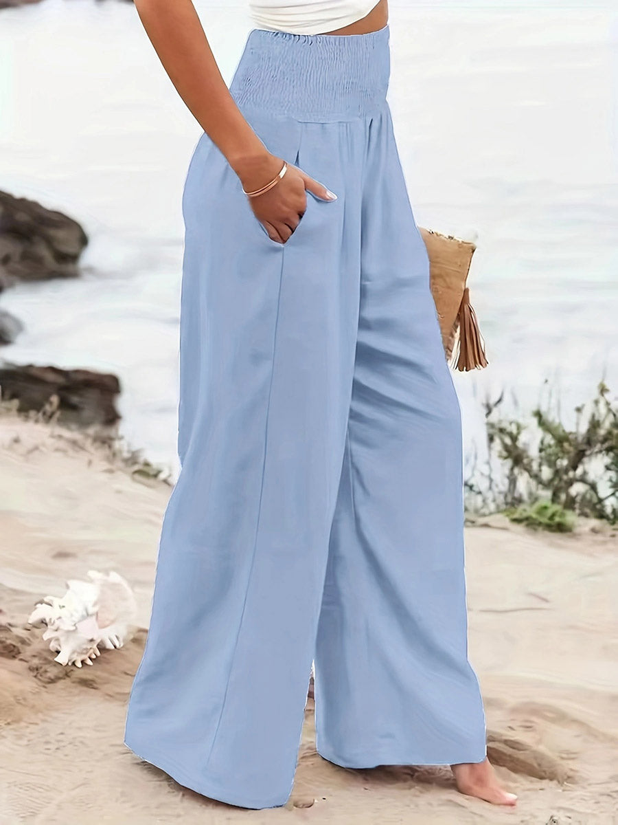 Pleated Pockets Solid Color Split-Joint Elasticated Waist High Waisted Pants