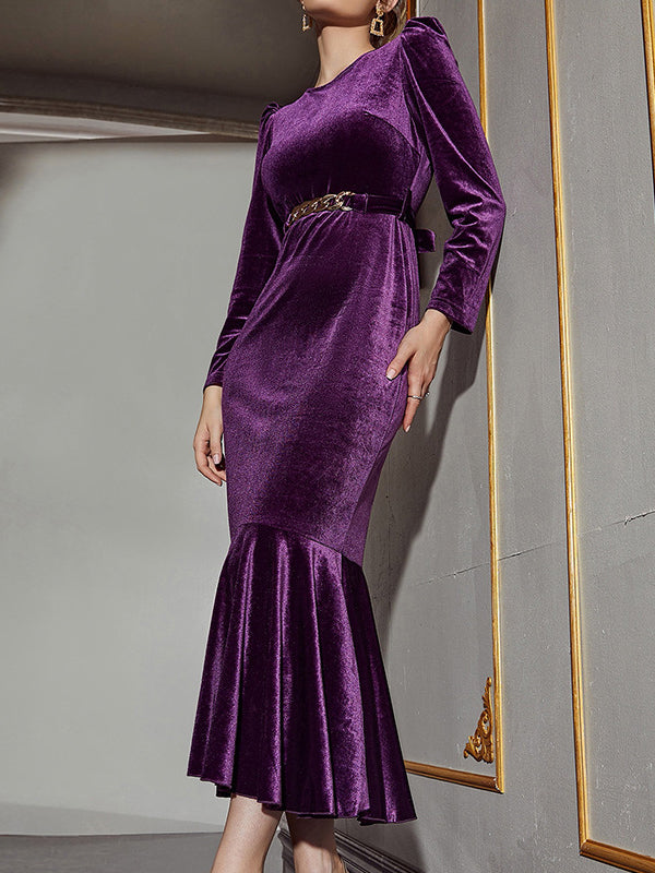 Belted Solid Color Zipper Mermaid Wrap Round-Neck Midi Dresses