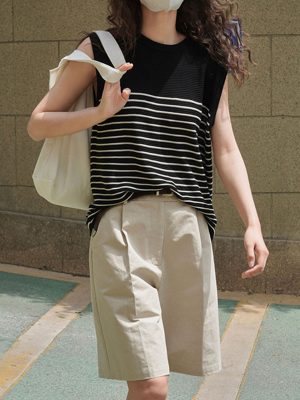 Striped Loose Sleeveless Round-neck Vest Top