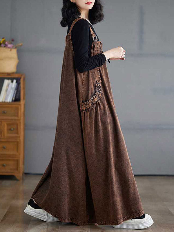 Pleated Pockets Solid Color Split-Joint A-Line Loose Spaghetti-Neck Suspender Dress