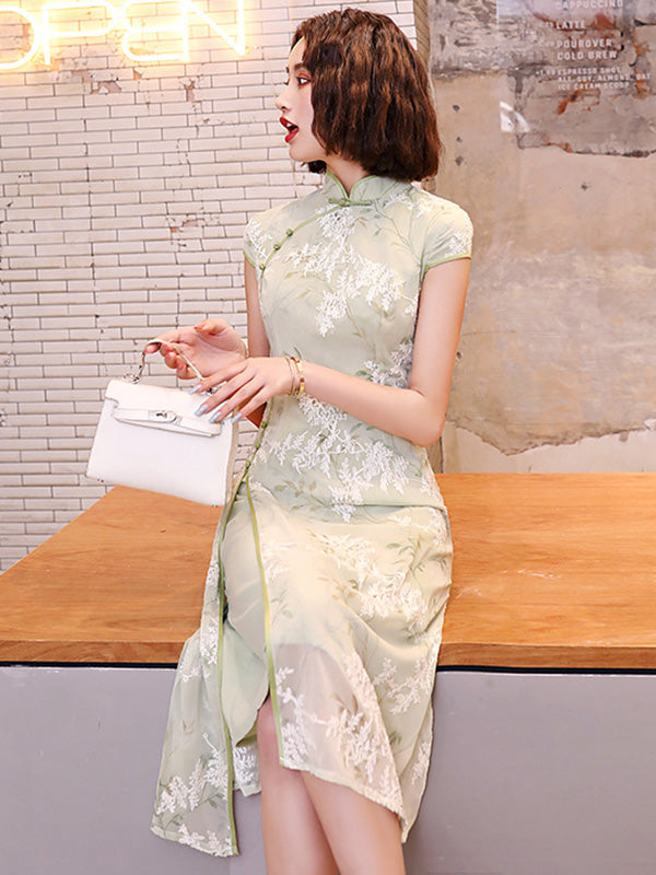 Original Applique Stand Collar Long Cheongsams