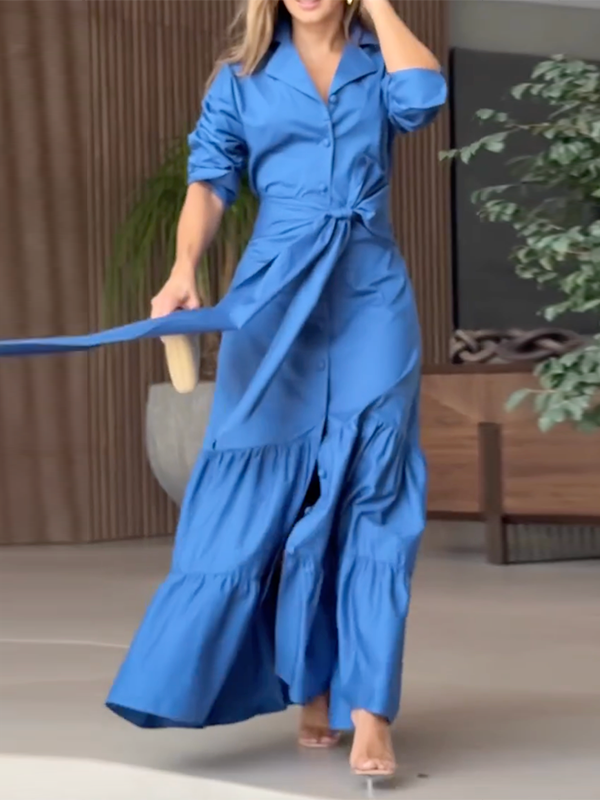 Belted Solid Color Half Sleeves Lapel Collar Shirt Dress Maxi Dresses