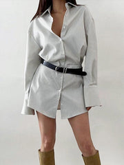 Buttoned Striped Flared Sleeves Long Sleeves Lapel Shirt Dress Mini Dresses