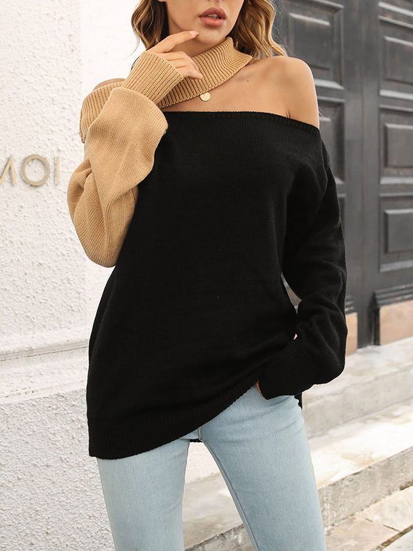 Contrast Color Hollow Split-Joint Loose Puff Sleeves Off-The-Shoulder Sweater