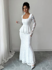 Flower Print Ruffled See-Through Solid Color Split-Joint Bodycon Long Sleeves Square-Neck Maxi Dresses