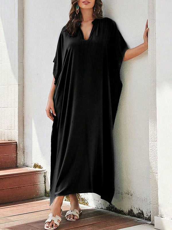 Solid Color Split-Side Sun Protection Batwing Sleeves Half Sleeves V-Neck Maxi Dresses Beach Cover-Up