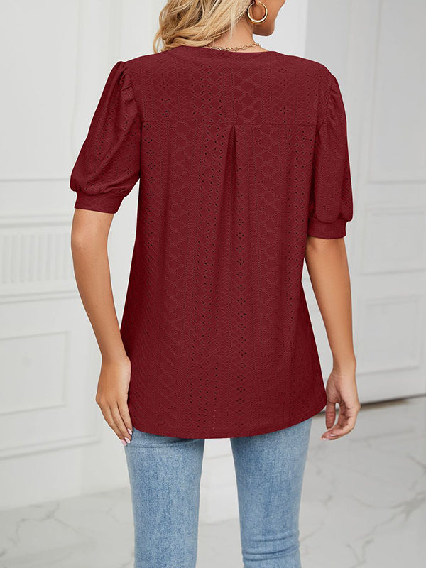 Hollow Solid Color Bishop Sleeve Loose V-neck T-Shirts Tops