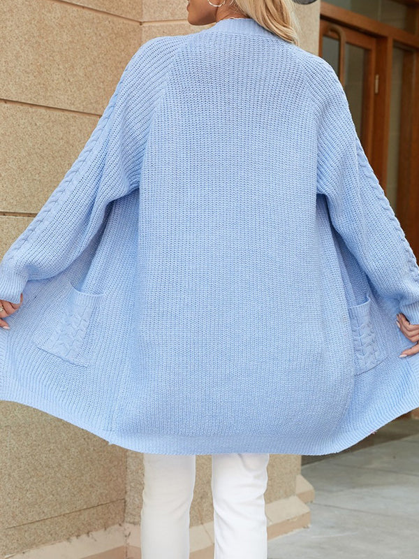Pockets Solid Color Split-Joint Long Sleeves Loose V-Neck Cardigan Tops