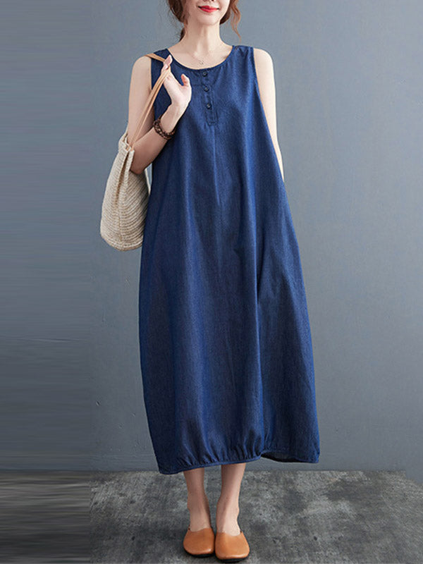 Simple Denim Blue Round-Neck Buttoned Sleeveless Midi Dress