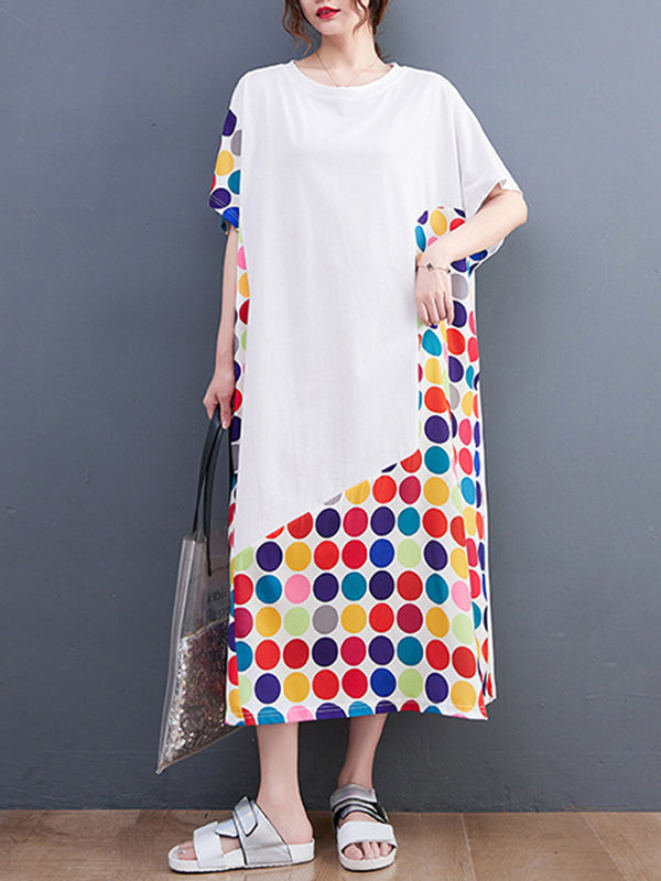 Multi-Colored Polka-Dot Split-Joint Loose Short Sleeves Round-Neck Midi Dresses