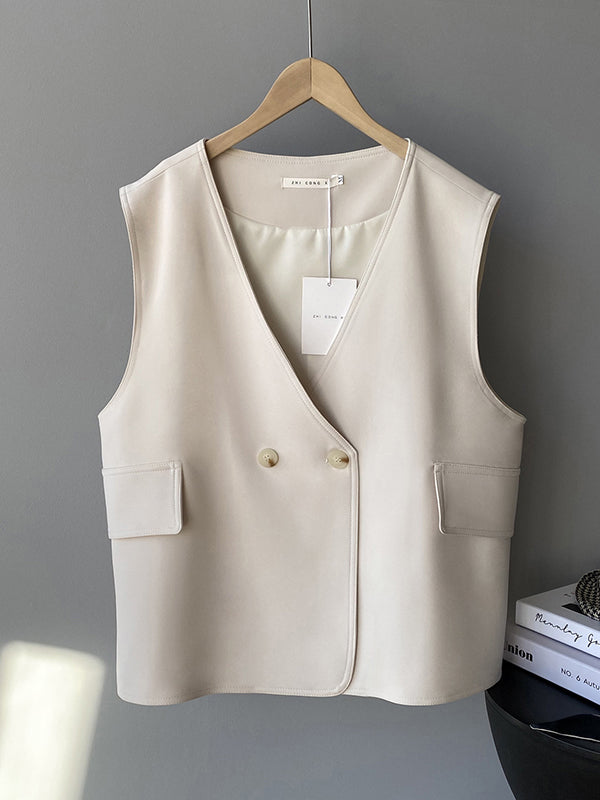 Pockets Split-Joint Loose Sleeveless V-Neck Vest Top