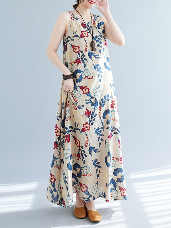 Floral Printed Loose Sleeveless Round-Neck Maxi Dresses