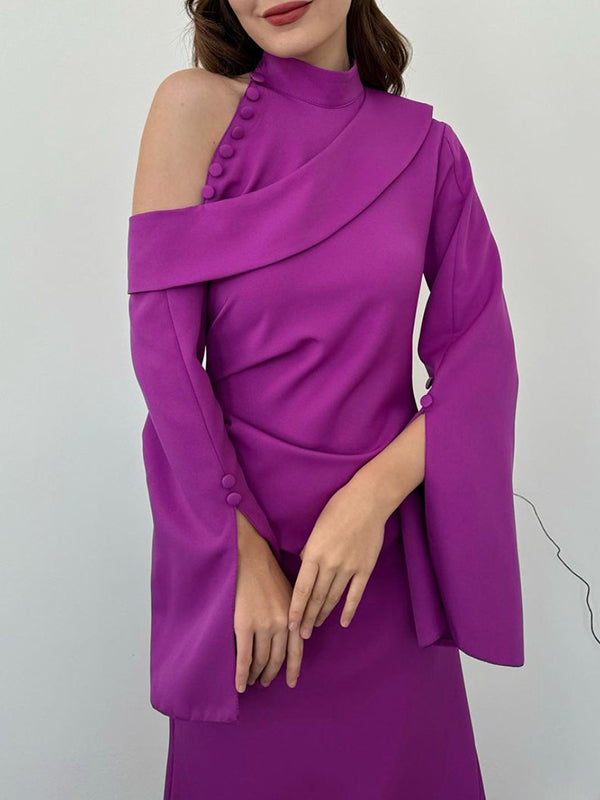 Flared Sleeves Asymmetric Buttoned Hollow Solid Color Zipper Cold Shoulder Evening Dresses Maxi Dresses