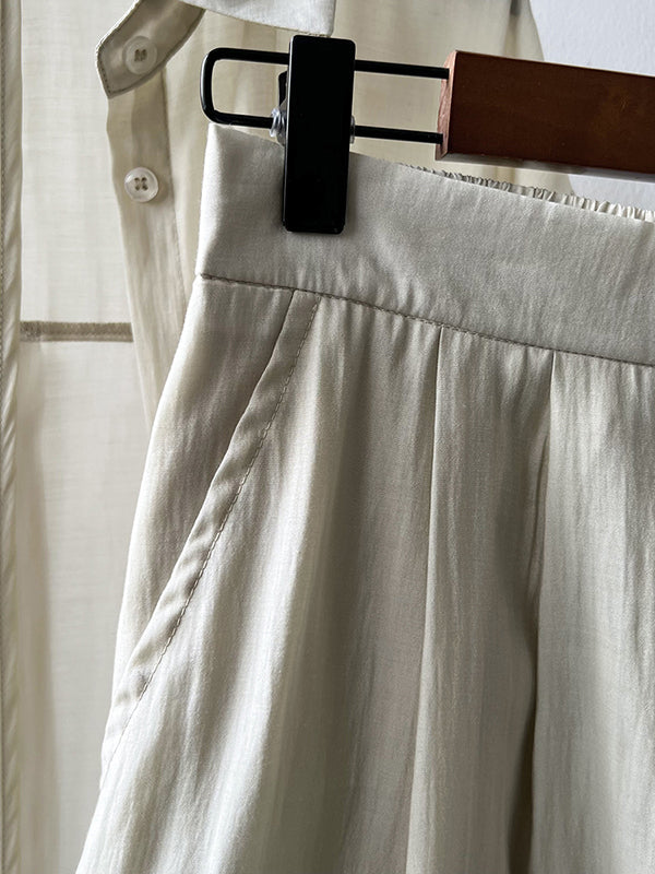 Loose Solid Color Long Sleeves Blouse + Pleated Shorts Two Pieces Set