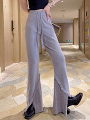 Drawstring Fringed Solid Color Split-Front High Waisted Wide Leg Trousers Pants Bell-Bottoms