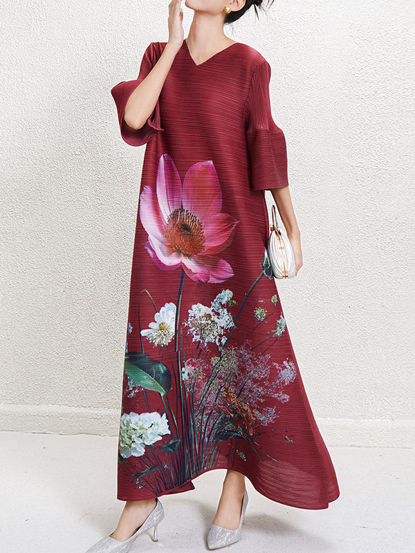 Flower Print Pleated A-Line Flared Sleeves V-Neck Maxi Dresses