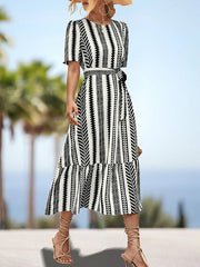 Split-Joint Striped Tied Waist A-Line Loose Round-Neck Midi Dresses