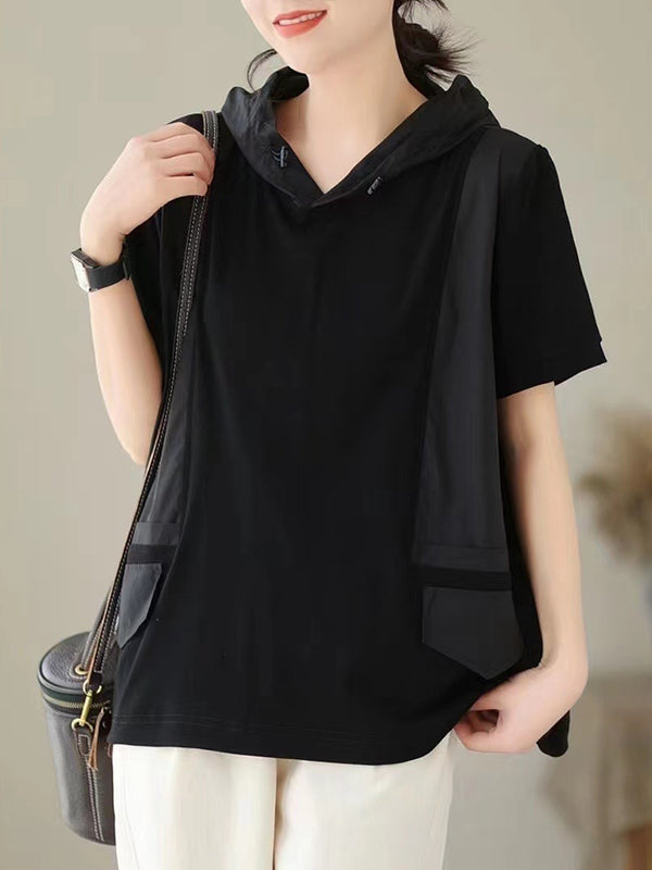 Solid Color Loose Short Sleeves Hooded T-Shirts Tops