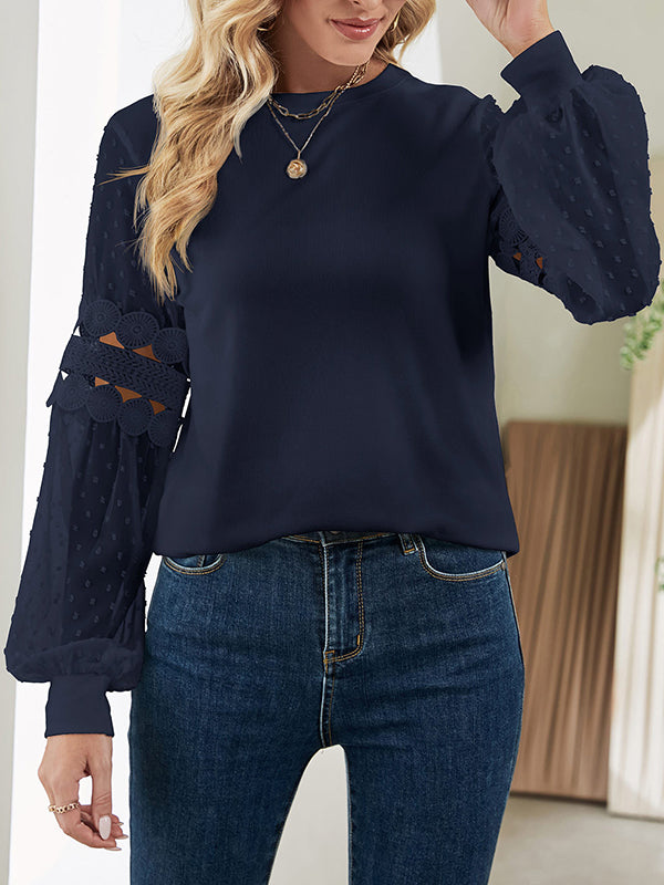 Hollow Solid Color Split-Joint Long Sleeves Puff Sleeves Round-Neck T-Shirts Tops
