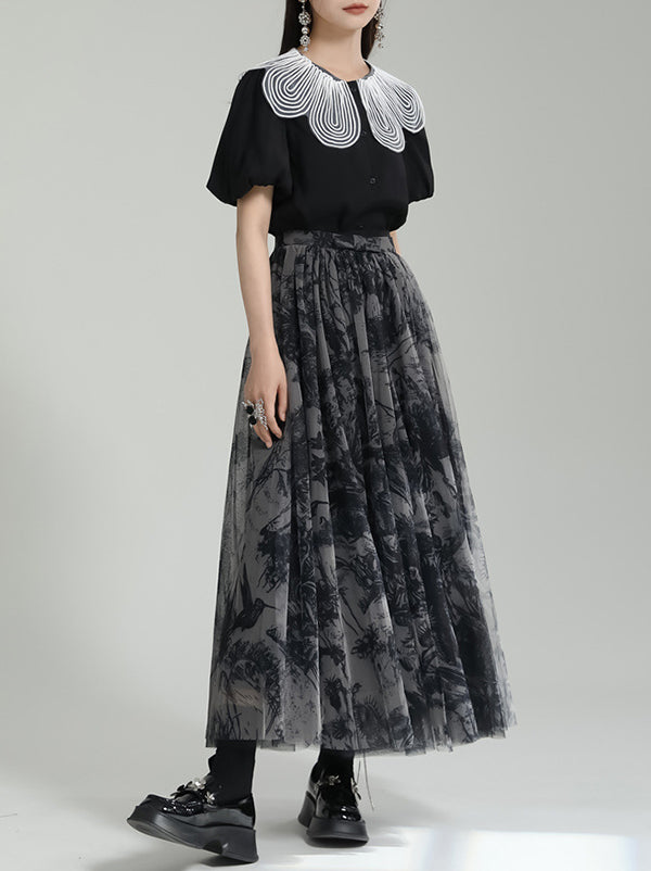 Gauze Pleated Printed Split-Joint A-Line Loose Skirts