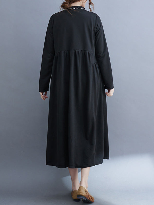Casual Loose Long Sleeves Solid Color Stand Collar Midi Dresses
