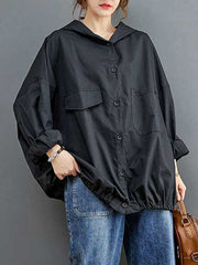 Buttoned Pleated Pockets Solid Color Long Sleeves Loose Hooded Trench Coats Outerwear