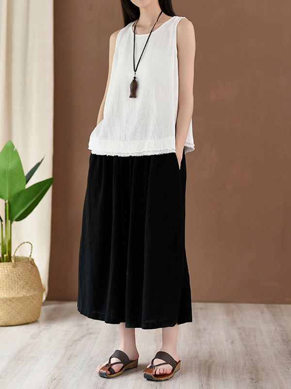 Fringed Solid Color Loose Sleeveless Round-Neck Vest Top