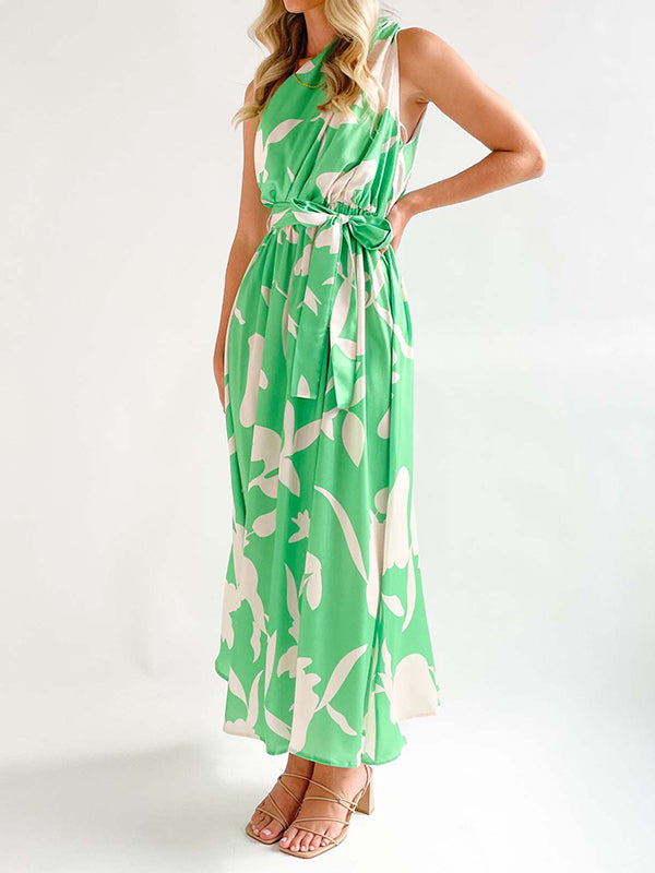 Bandage Contrast Color Hollow Printed Loose Sleeveless One-Shoulder Midi Dresses