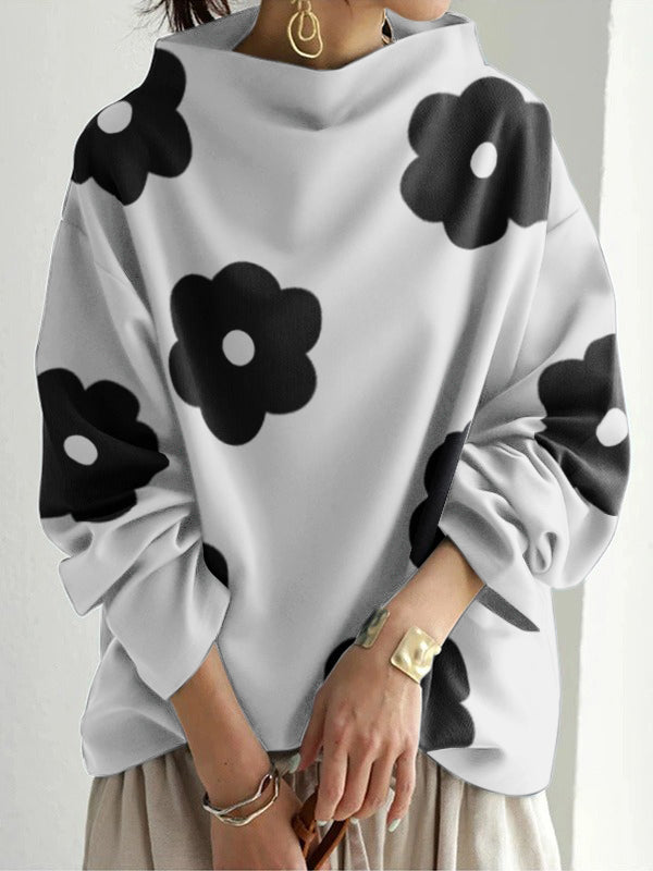 Long Sleeves Loose Contrast Color Printed Stand Collar T-Shirts