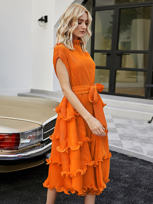 Bandage Lacy Solid Color Loose High-neck Midi Dresses