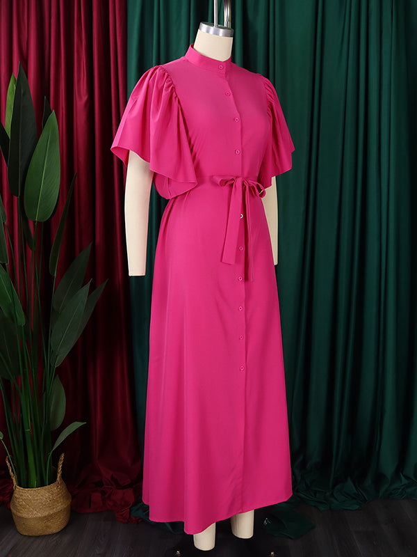 Pleated Solid Color Split-Joint Tied Waist Flared Sleeves Loose Stand Collar Shirt Dress Maxi Dresses