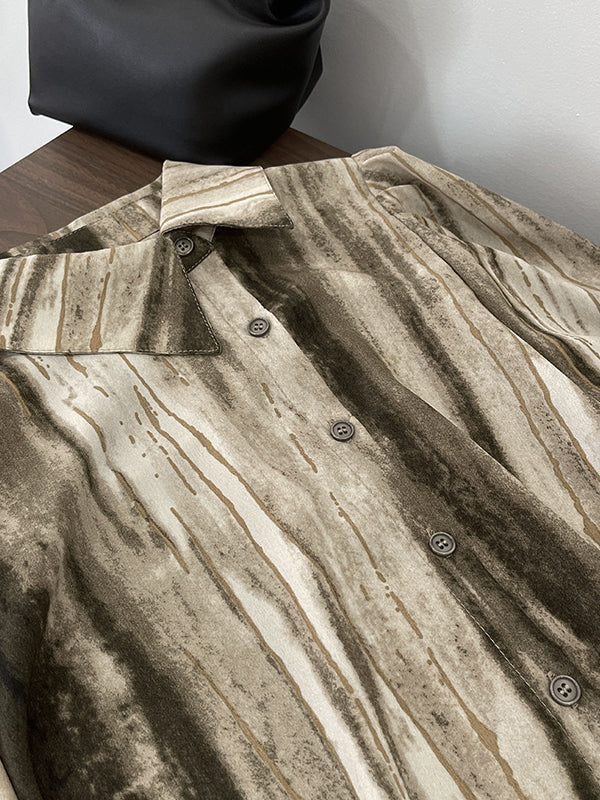 Asymmetric Gradient Pleated Printed Loose Puff Sleeves Lapel Blouses